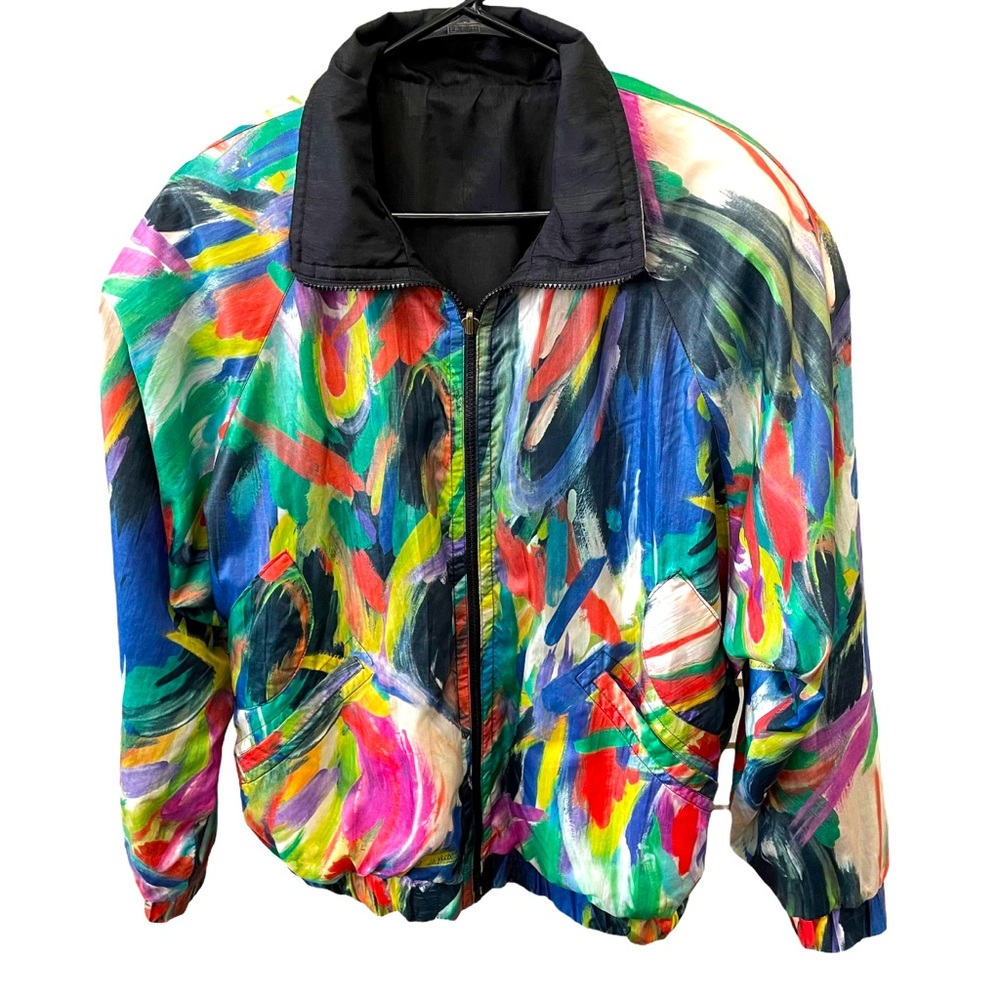 Vintage Bomber Style Colorful Paint Splatter Reversible Silk Jacket SZ:XL